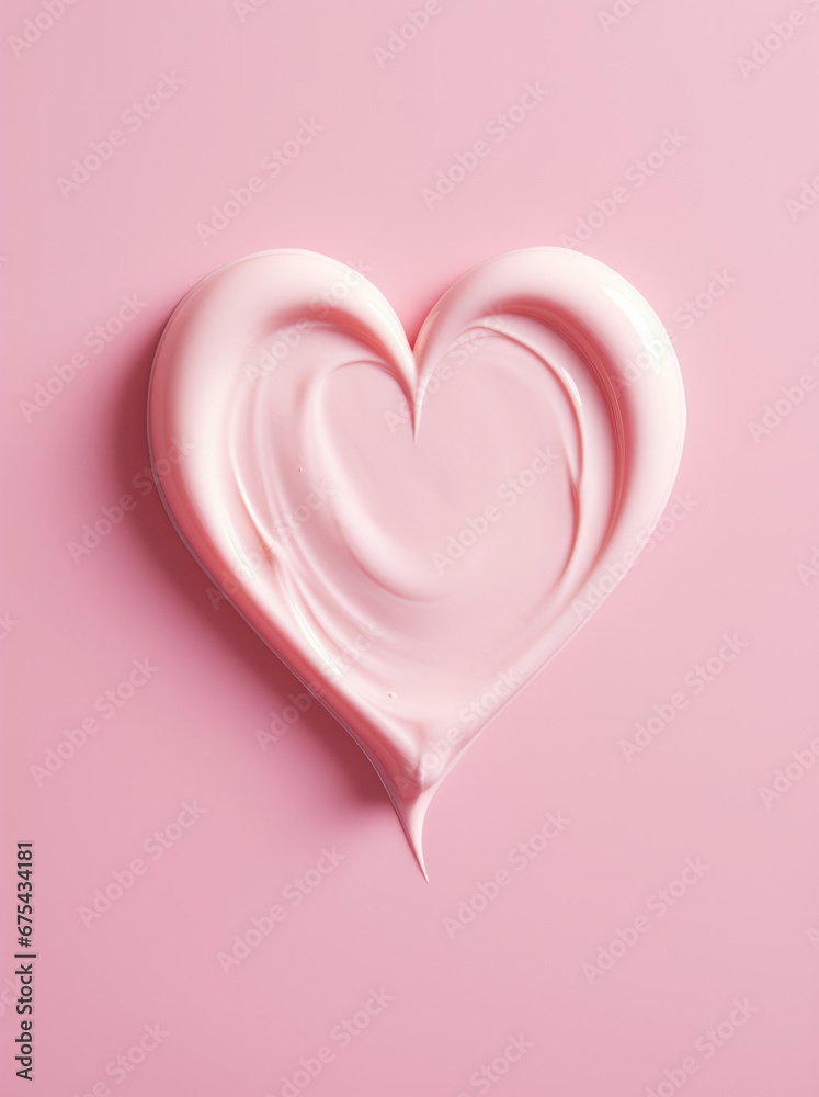 A beautiful splash of heart-shaped cream highlighted on a light pink background, cosmetics design, care industry concept, Valentine's day card, with space for text.