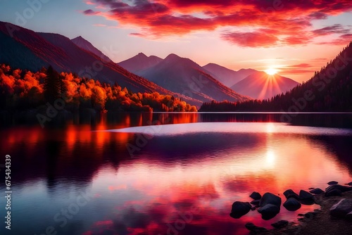 A breathtaking sunset over a serene mountain lake with vibrant hues of orange, pink, and purple reflected on the water.