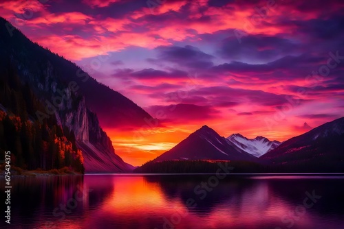 A breathtaking sunset over a serene mountain lake with vibrant hues of orange  pink  and purple reflected on the water.
