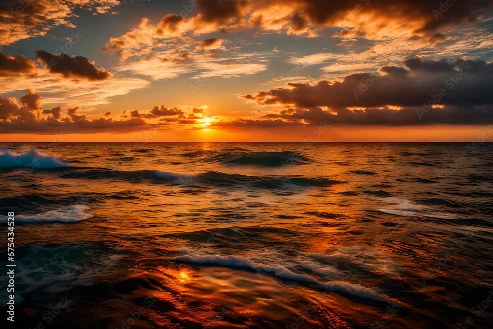 A breathtaking, fiery sunset over a calm ocean, casting a warm, golden glow on the water's surface.