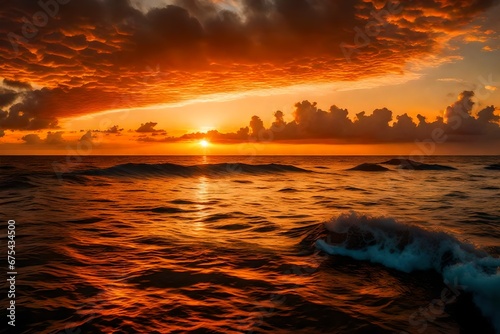 A breathtaking  fiery sunset over a calm ocean  casting a warm  golden glow on the water s surface.