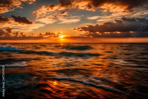 A breathtaking, fiery sunset over a calm ocean, casting a warm, golden glow on the water's surface.