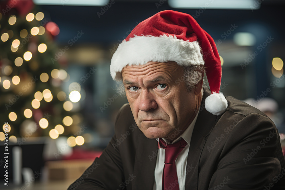 Upset senior male employee or boss in Christmas red hat sitting in office waiting and looking away. Bad Xmas Upset senior male employee or boss in Christmas red hat sitting in office waiting and looking away. Bad Xmas