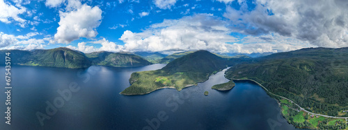 Aerial view of Dynamic fjord landscape in Norway with bridges connecting Islands in the Ocean    photo