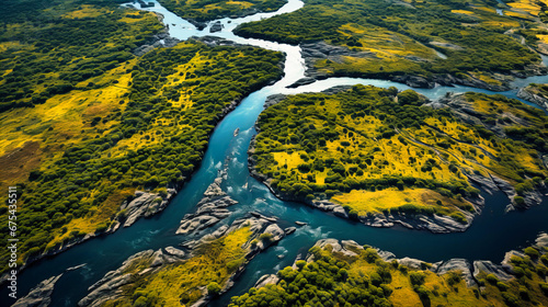 Detailed aerial view of intricate river systems and landscapes,