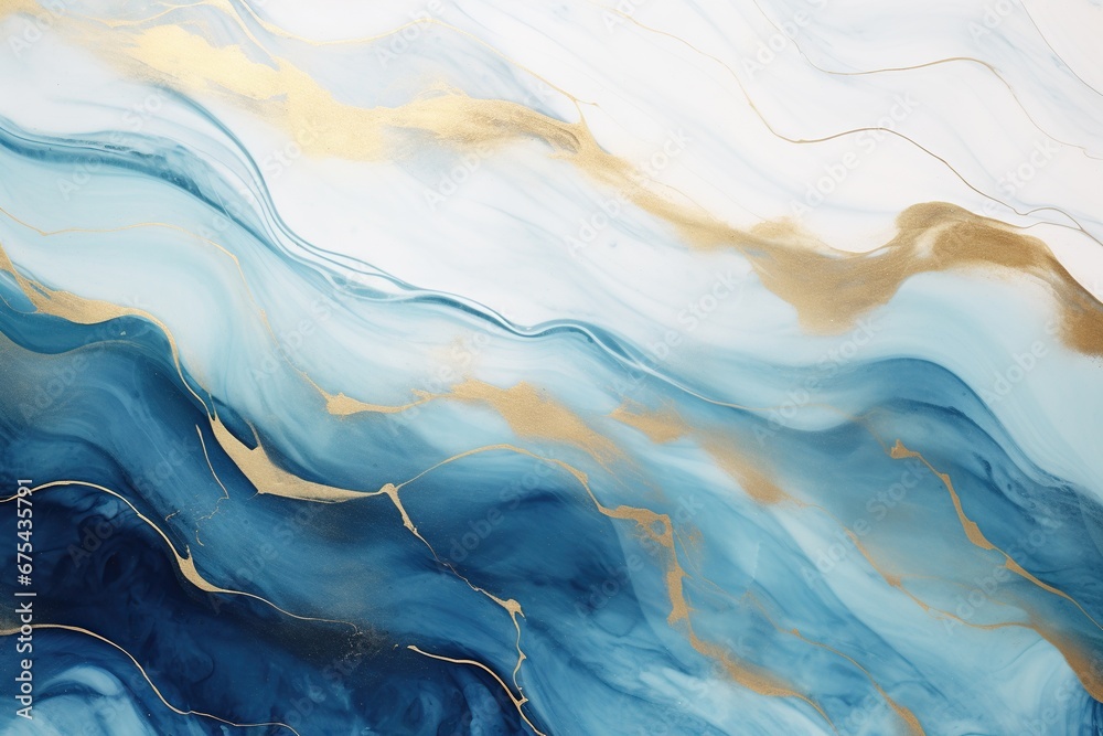 Fototapeta premium Abstract blue wave with gold lines. Subtle waves of paint, abstract blue waves of the ocean, lines of marble
