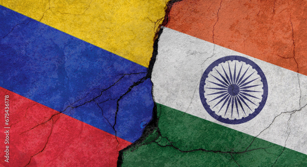 Venezuela and India flags texture of concrete wall with cracks, grunge background, military conflict concept