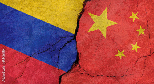 Venezuela and China flags texture of concrete wall with cracks, grunge background, military conflict concept