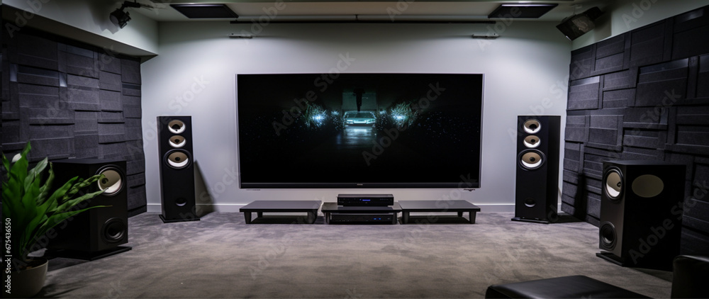 photograph of a home theatre system in a modern, finished, concrete basement, two tall bowers and wilkins speakers on either side of a 88 inch OLED TV, modern sleek entertainment center photograph of a home theatre system in a modern, finished, concrete basement, two tall bowers and wilkins speakers on either side of a 88 inch OLED TV, modern sleek entertainment center