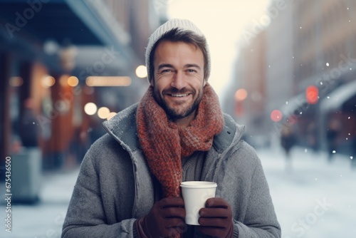 a happy modern man with a mug glass of hot drink in the winter season on the background of the snow city