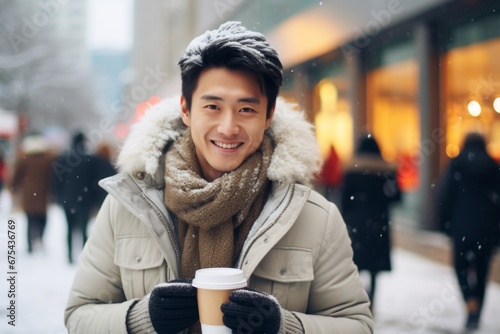 a happy modern asian man with a mug glass of hot drink in the winter season on the background of the snow city © vasyan_23