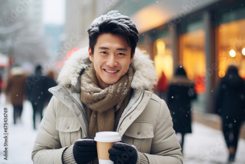 a happy modern asian man with a mug glass of hot drink in the winter season on the background of the snow city