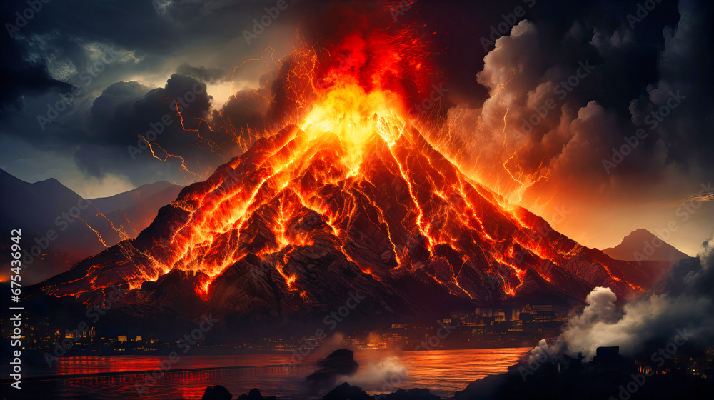 Dramatic representation of an erupting volcano with lava flow,