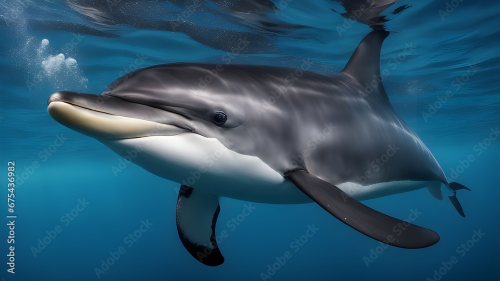 Naklejka premium dolphin in the water A large trophy bull dolphin fish swims quickly close to the bottom of its environment. 