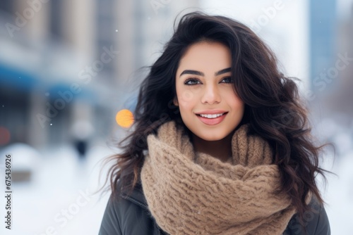 a happy modern indian woman in the winter season on the background of the snow city