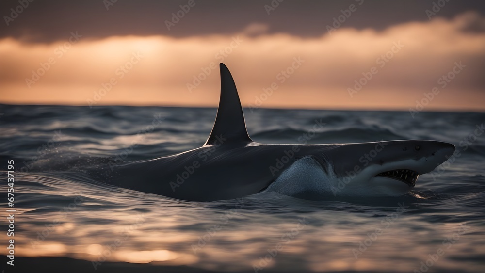 Fototapeta premium great white shark in the sea Huge evil monster shark in the open sea at dawn 