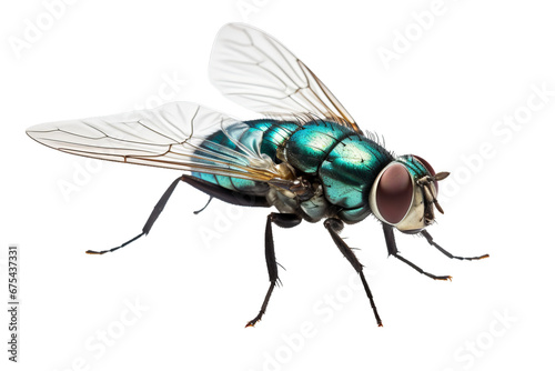 Generative AI image of a stunning Fly flying, isolated on completely white background, macro