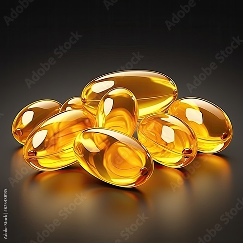 Fish oil capsules on black background. Realistic illustration. Omega 3. Generative ai.