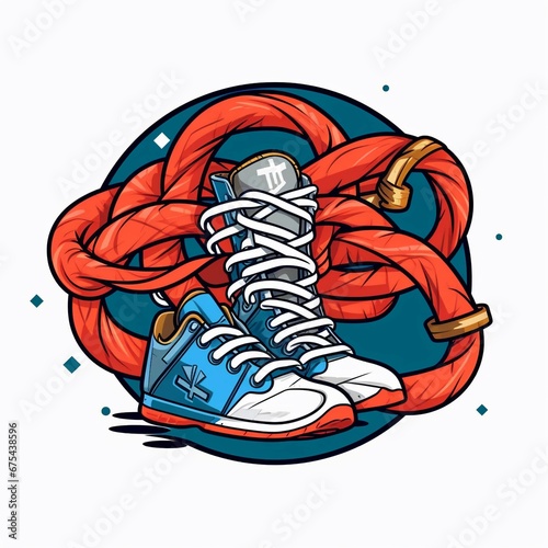 Sneakers tangled up in a knot, looking confused and bewildered. 