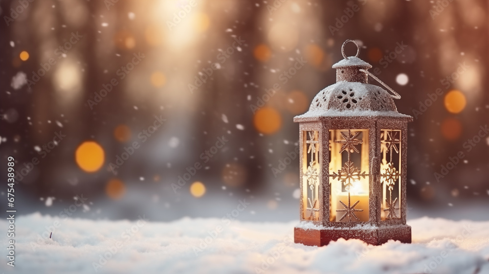 glowing christmas lantern on snow glowing christmas lantern on snow