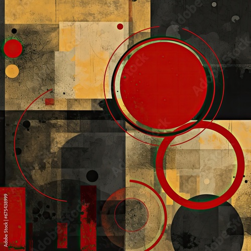 Abstract textured grunge red and gold background with geometric elements and circles. Generative ai.