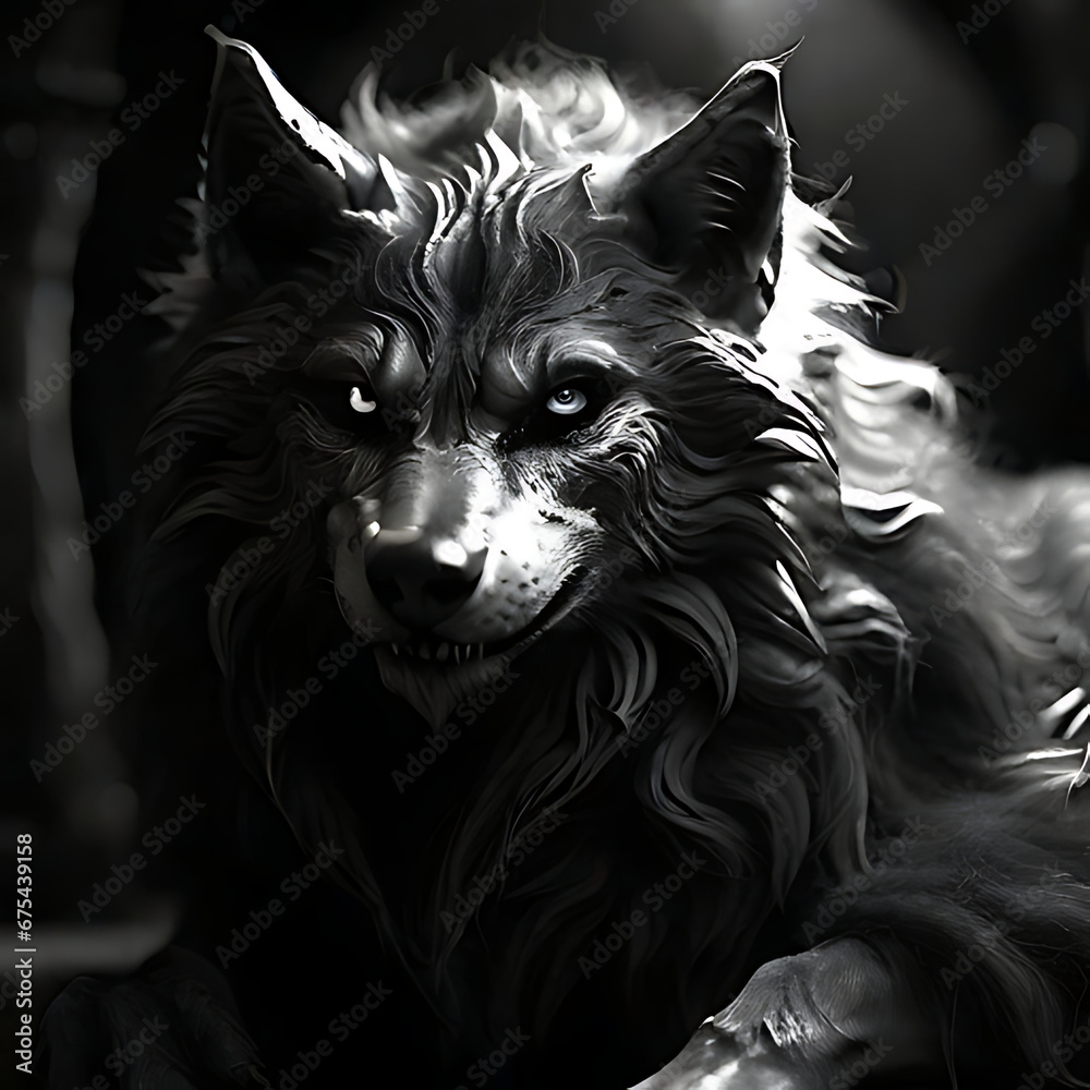 The black and white image of a furry werewolf in the moonlight .Generative Ai The black and white image of a furry werewolf in the moonlight .Generative Ai