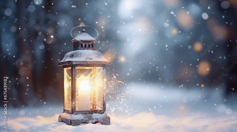 glowing christmas lantern on snow glowing christmas lantern on snow