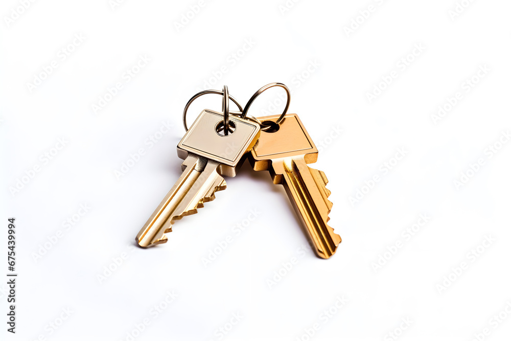 Two shiny, brand-new keys stand out against a pristine white background, symbolizing the gateway to your dream home in the world of real estate. Two shiny, brand-new keys stand out against a pristine white background, symbolizing the gateway to your dream home in the world of real estate.