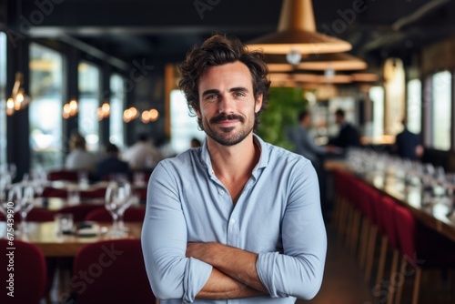 happy modern man on the background of a fancy restaurant and bar