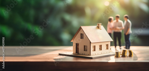 miniature house sits beside a stack of coins on a wooden table, while a real estate agent and new homeowners converse in the background. space for custom text. business contract for a house photo