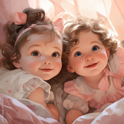 cartoon of two newborn girls, blush pink