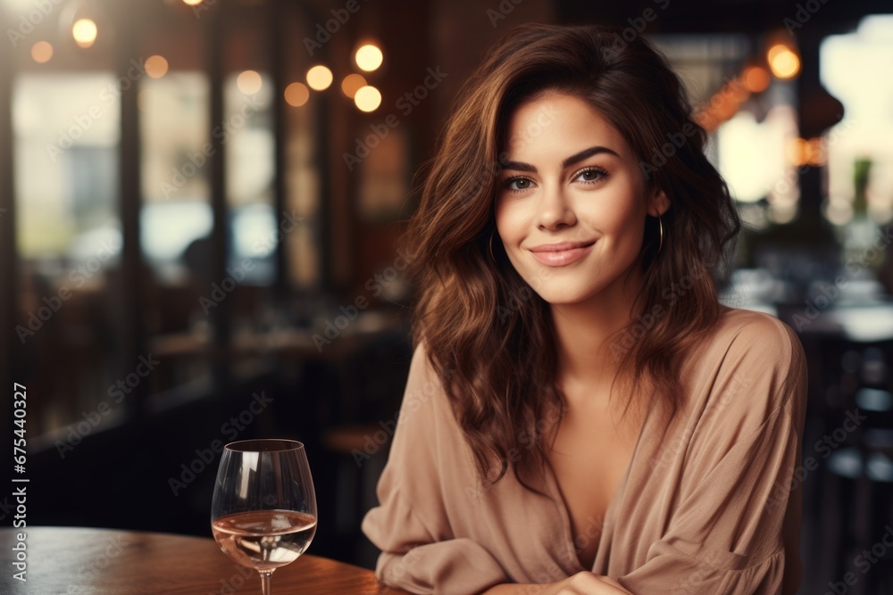 happy modern woman with a glass of expensive wine on the background of a fancy restaurant and bar happy modern woman with a glass of expensive wine on the background of a fancy restaurant and bar