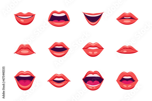Flat Vector Red Female Lips Icon Set Closeup. Woman Lips, Different Expressions, Emotions. Smile, Kiss, Beauty Concept. Modern Pop Art Cartoon Comic Style, Simple Design