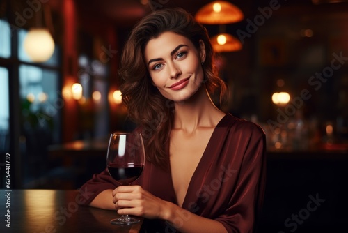 happy modern woman with a glass of expensive wine on the background of a fancy restaurant and bar