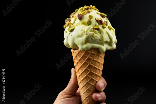 hand holding cone with pistachio ice cream and peaces of pistachios on black background  photo