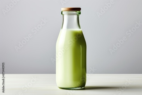 bottle of pistachio milk on blurry grey background 