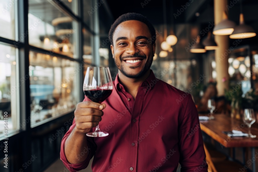 happy modern african american man with a glass of expensive wine on the background of a fancy restaurant and bar