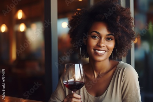 happy modern african american woman with a glass of expensive wine on the background of a fancy restaurant and bar