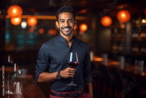 happy modern indian man with a glass of expensive wine on the background of a fancy restaurant and bar photo