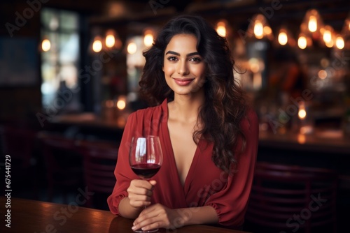 happy modern indian woman with a glass of expensive wine on the background of a fancy restaurant and bar