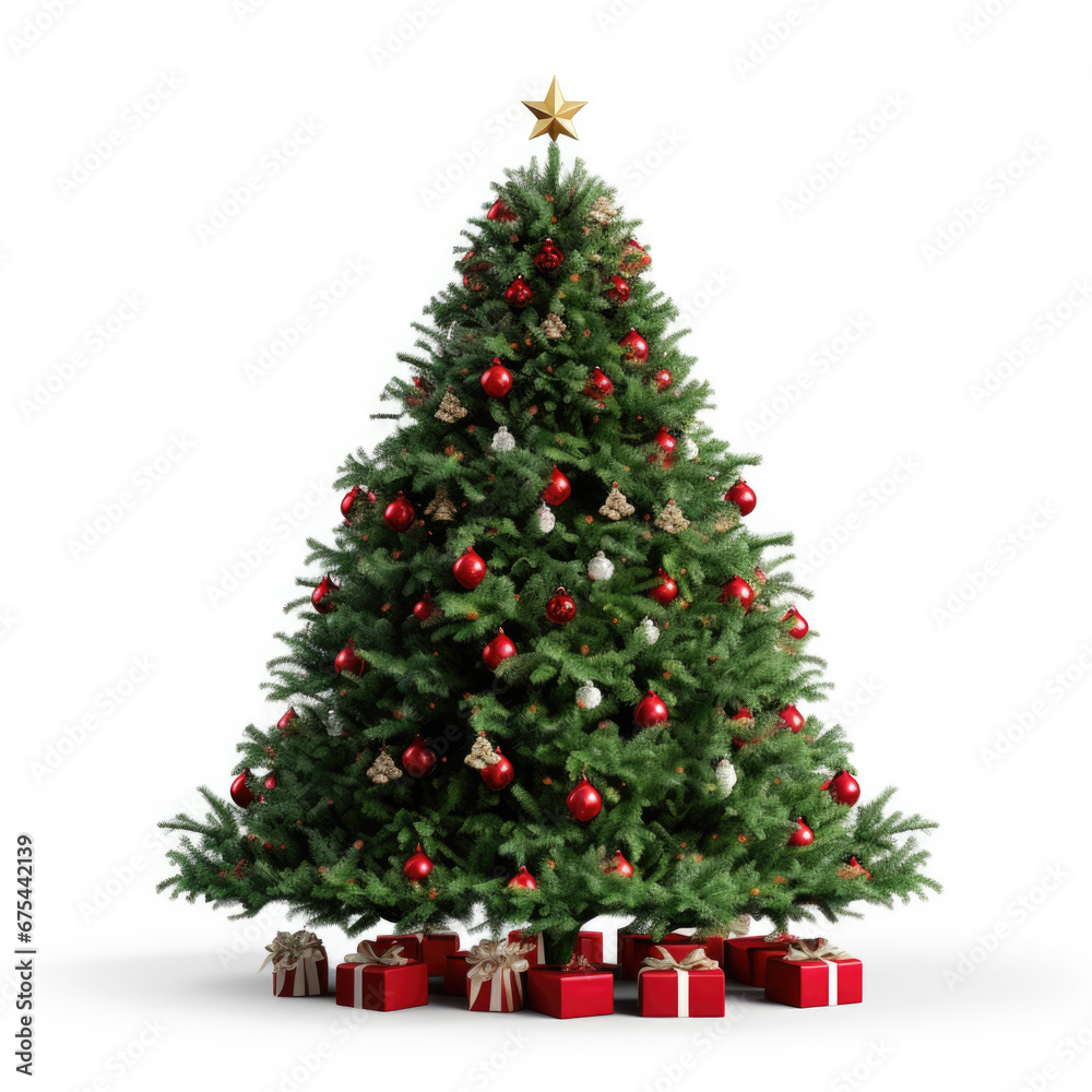 Beautifully decorated Christmas tree adorned with red and gold ornaments, surrounded by wrapped gifts at its base.