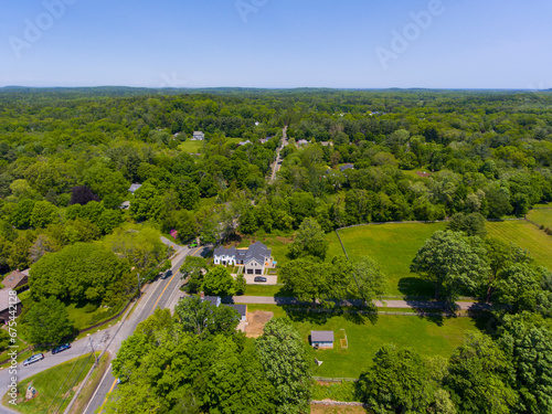 South Hamilton and rural landscape aerial view on Bay Road in Town of Hamilton, Massachusetts MA, USA. 
