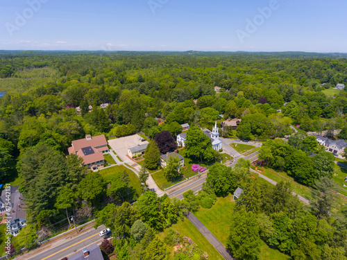 South Hamilton and rural landscape aerial view including First Congregational Church at 624 Bay Road in Town of Hamilton, Massachusetts MA, USA.  © Wangkun Jia