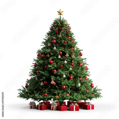 Beautifully decorated Christmas tree adorned with red and gold ornaments, surrounded by wrapped gifts at its base.