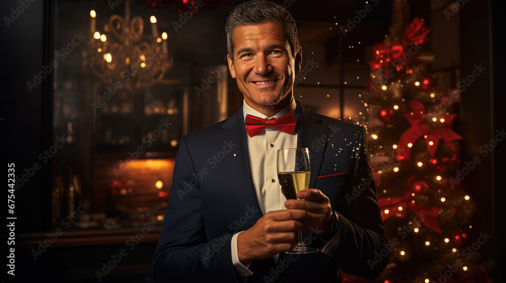A charming man in suit celebrating Christmas