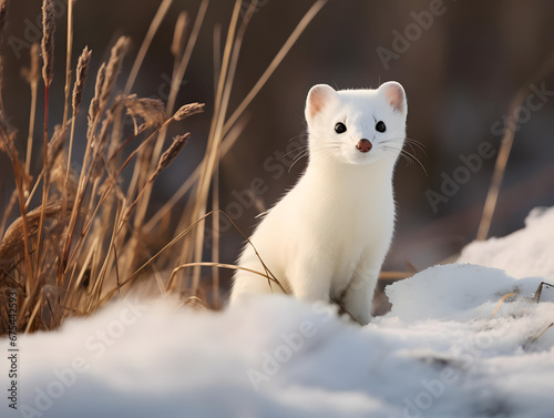 Ermine in Its White Winter Coat, Generative AI photo