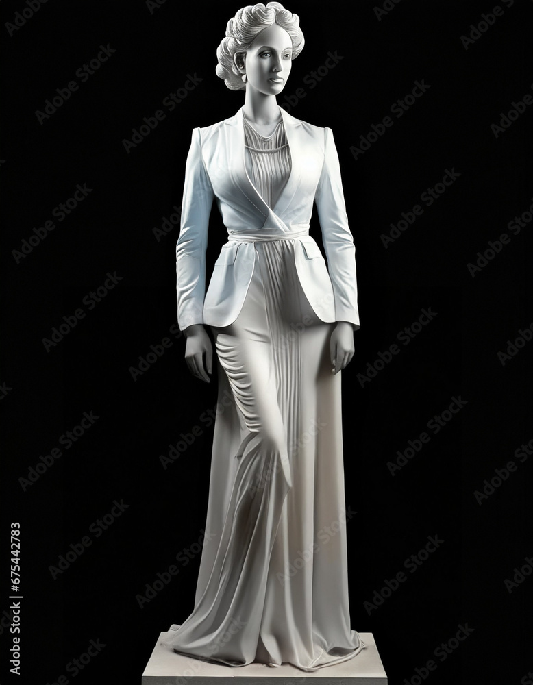 Full length portrait of a modern business person full white marble statue. isolated on a dark background.