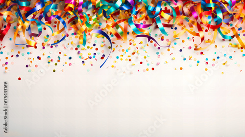 Festive backdrop of multicolored streamers and confetti on a white background,