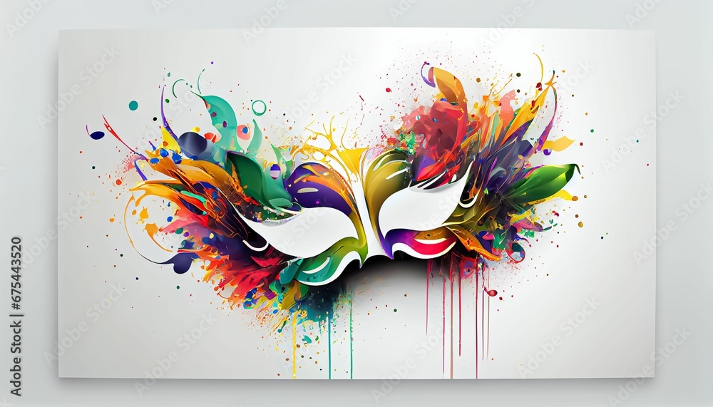 AI art of a carnival mask featuring colorful spray paint strokes and feathers on a canvas - obrazy, fototapety, plakaty 
