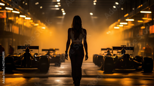 Woman Walking in Race Team Garage